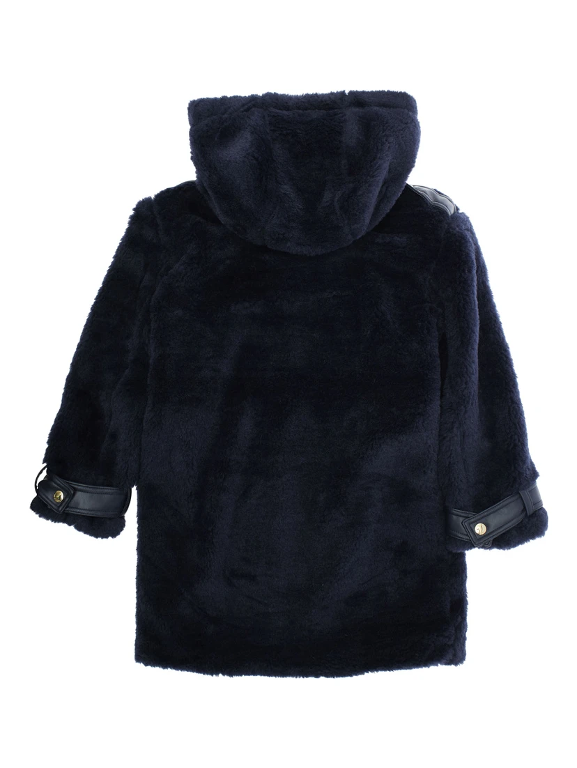 Blue Coat with Fixed Hood and Front Button Closure in Ecofur Girl