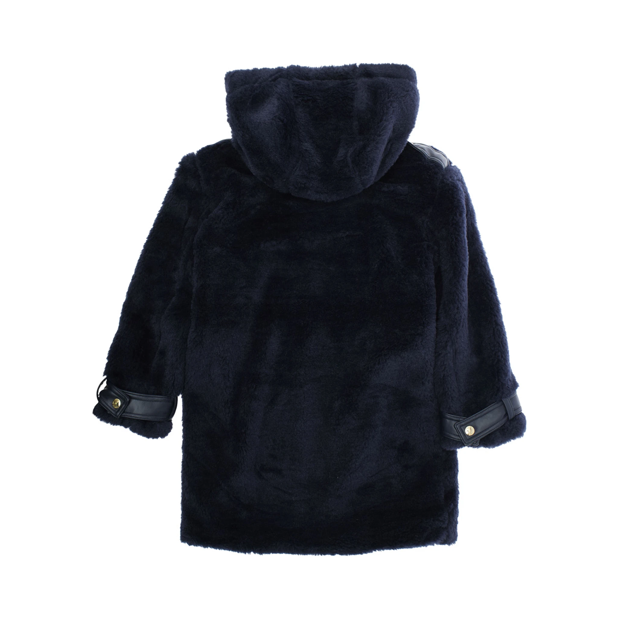 Blue Coat with Fixed Hood and Front Button Closure in Ecofur Girl