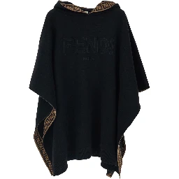 Black Hooded Cape with Logo Lettering on the Front in Virgin Wool Girl