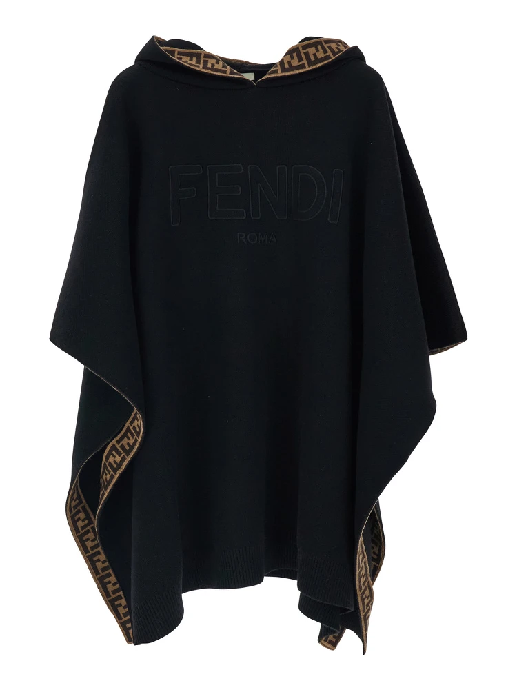 Black Hooded Cape with Logo Lettering on the Front in Virgin Wool Girl