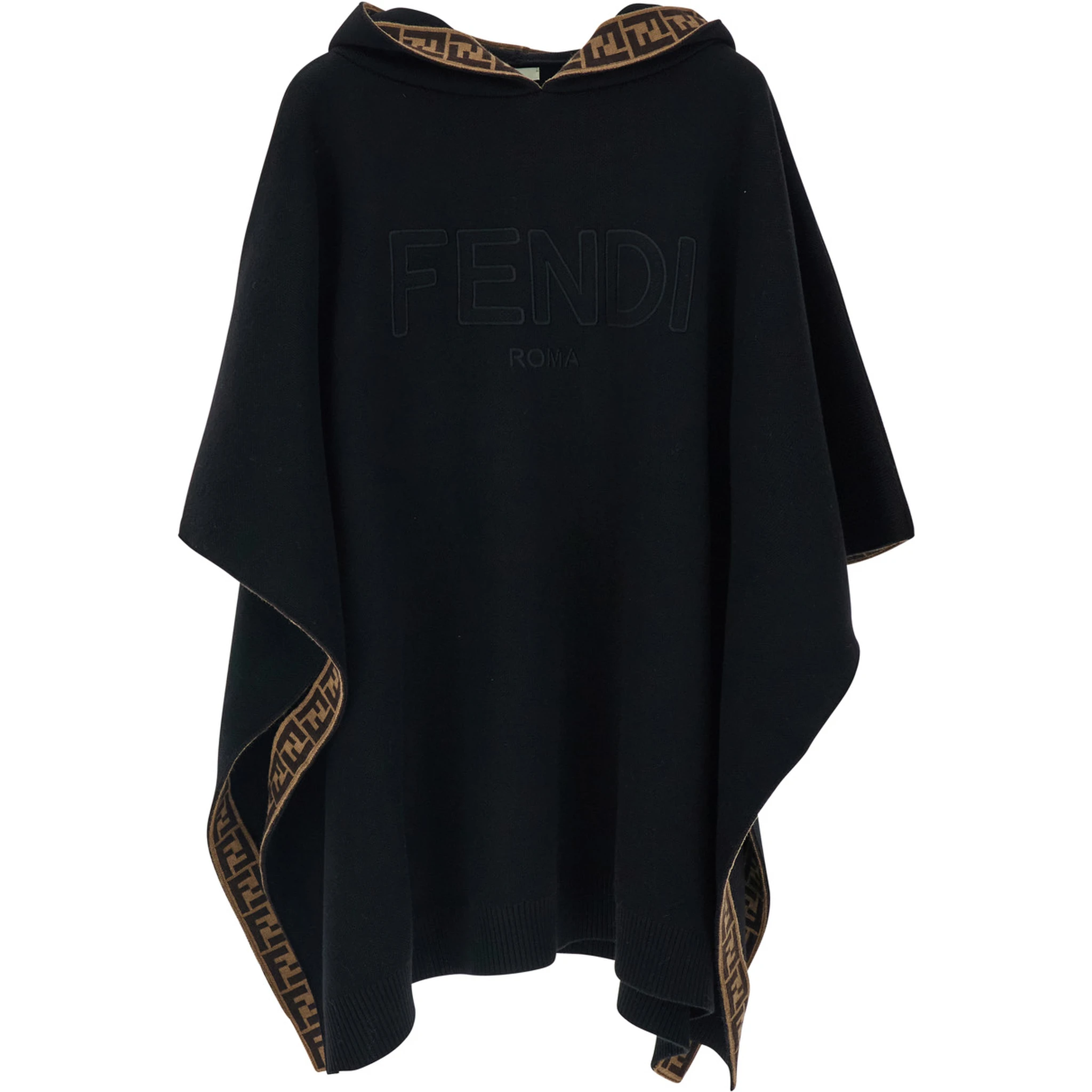 Black Hooded Cape with Logo Lettering on the Front in Virgin Wool Girl