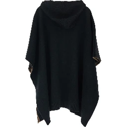 Black Hooded Cape with Logo Lettering on the Front in Virgin Wool Girl