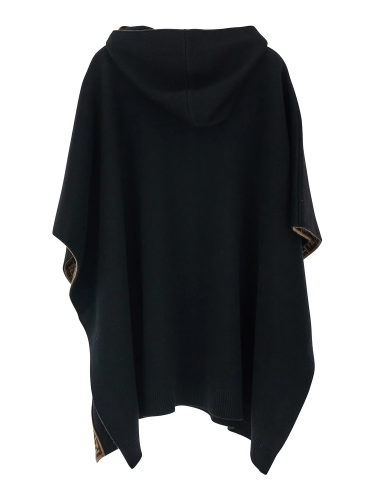 Black Hooded Cape with Logo Lettering on the Front in Virgin Wool Girl alternative