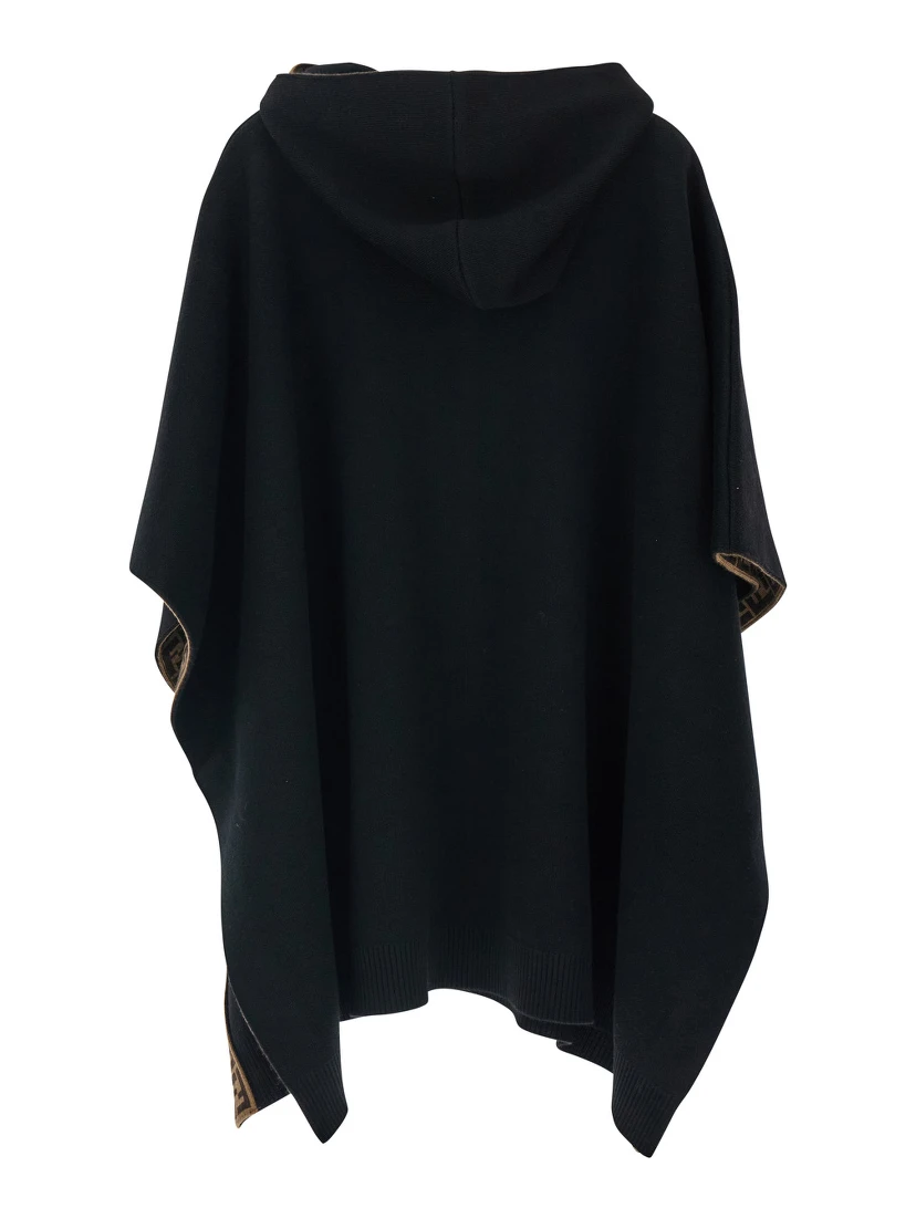 Black Hooded Cape with Logo Lettering on the Front in Virgin Wool Girl