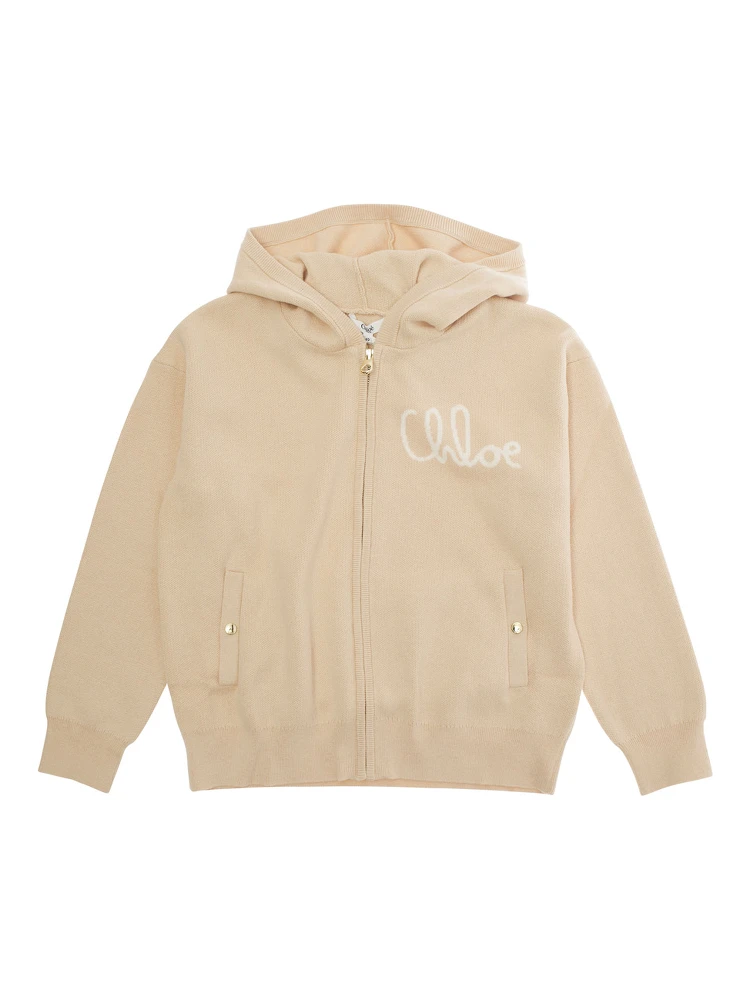 Beige Sweatshirt with Fixed Hood and Logo Lettering on the Front in Cotton Blend Girl