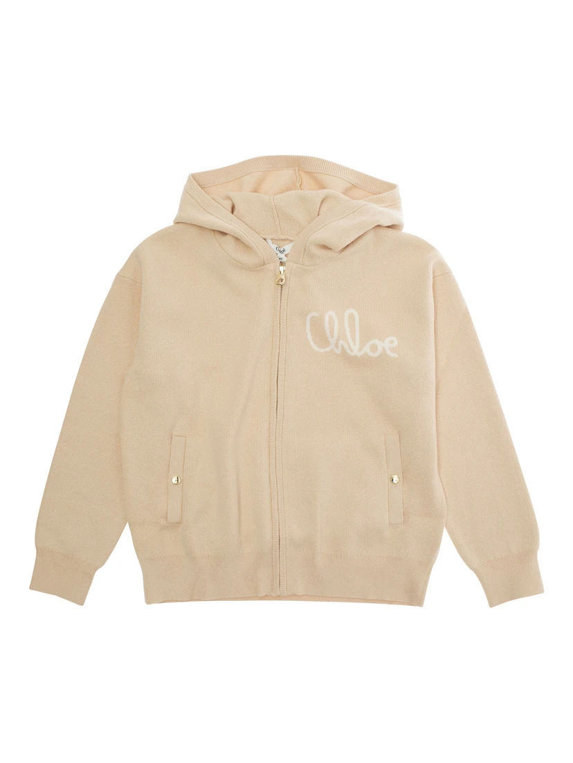 Beige Sweatshirt with Fixed Hood and Logo Lettering on the Front in Cotton Blend Girl