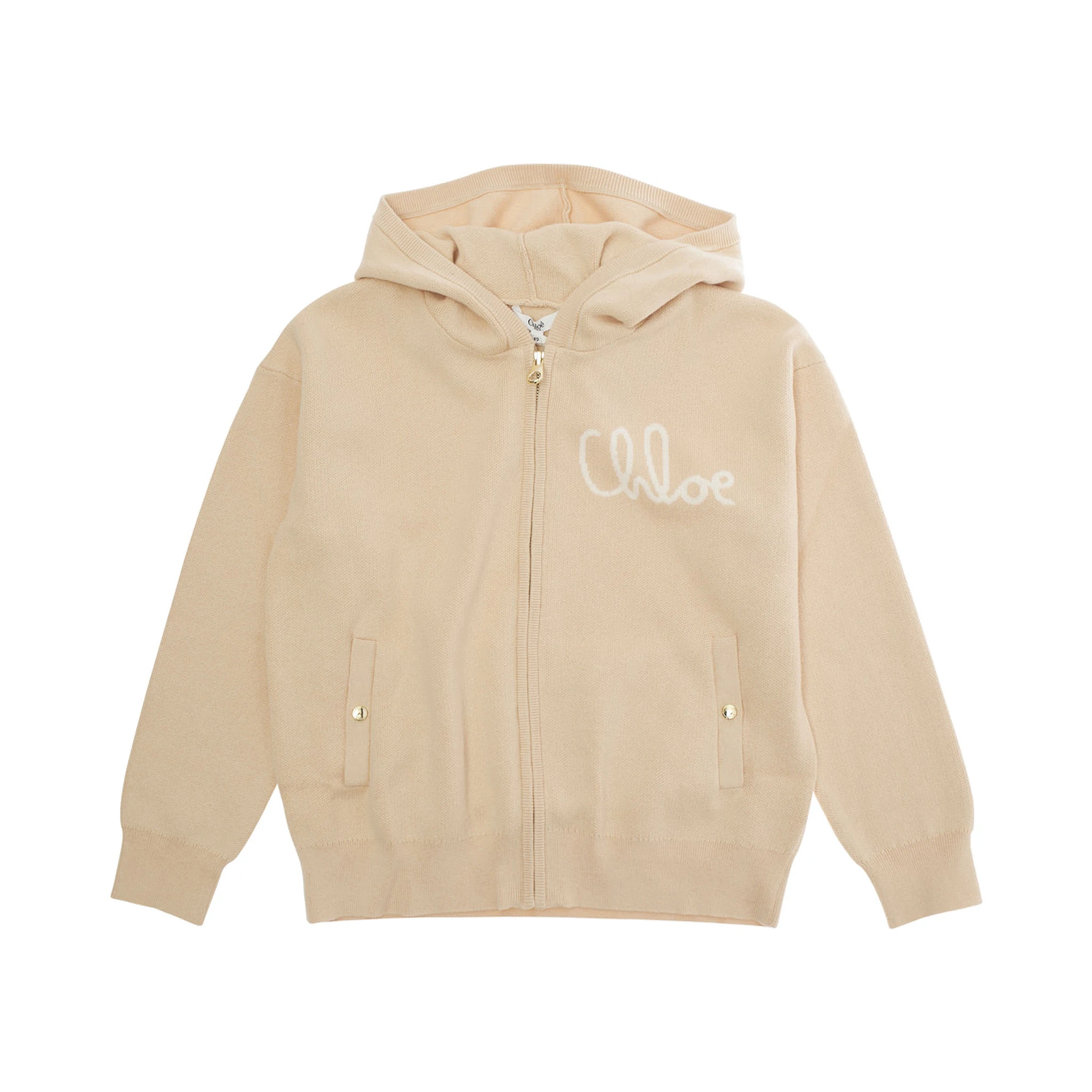 Beige Sweatshirt with Fixed Hood and Logo Lettering on the Front in Cotton Blend Girl