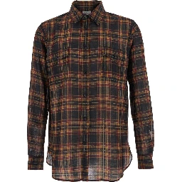 Brown Shirt with Pointed Collar and All-Over Tartan Motif in Wool Man