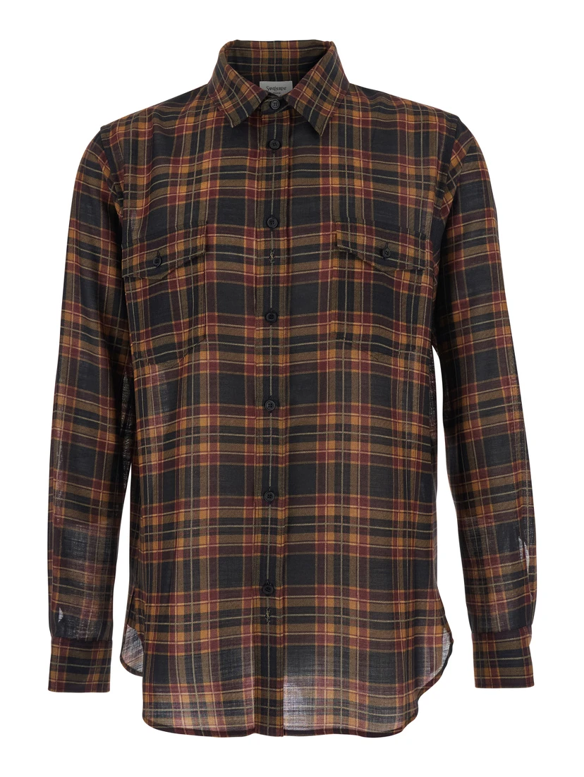 Brown Shirt with Pointed Collar and All-Over Tartan Motif in Wool Man