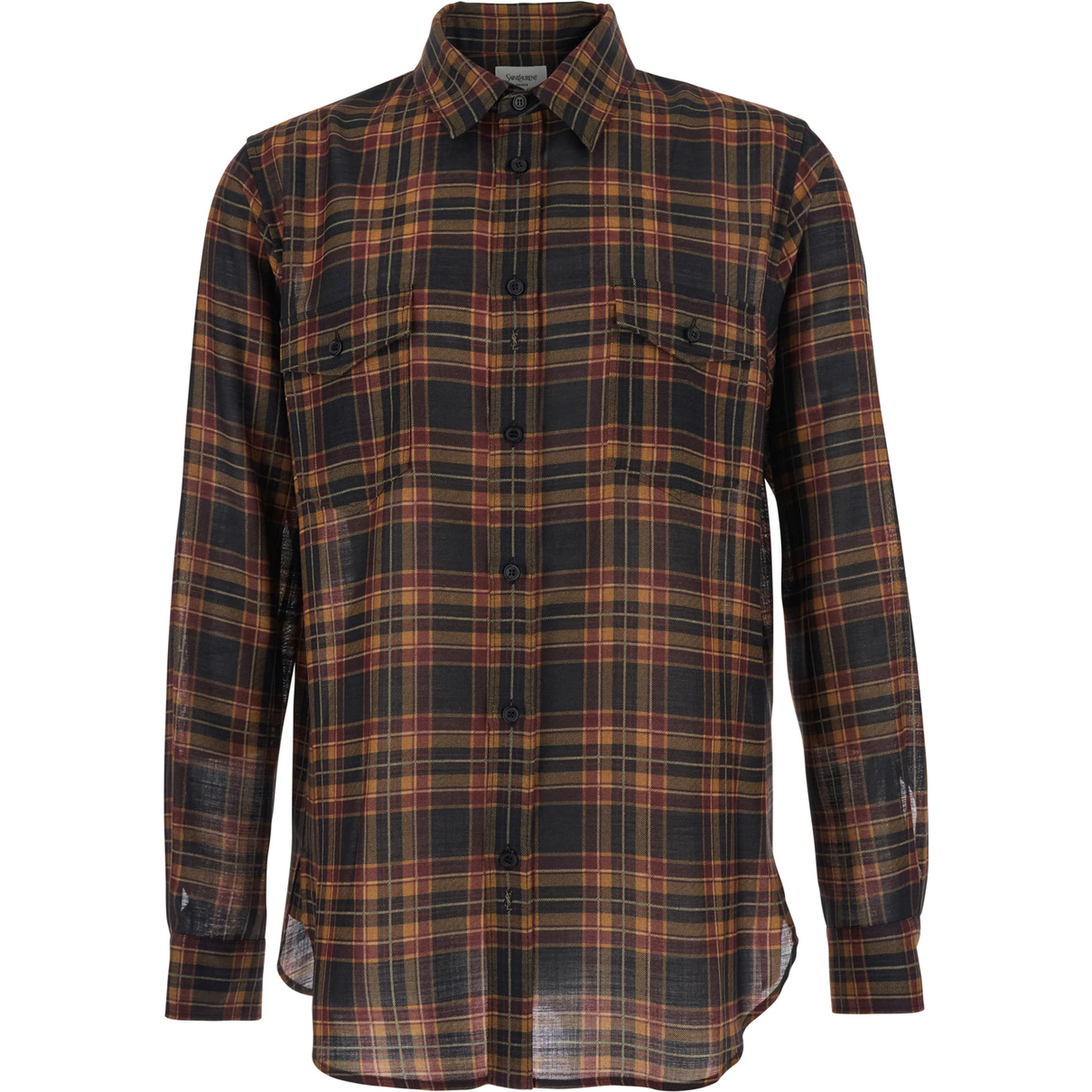 Brown Shirt with Pointed Collar and All-Over Tartan Motif in Wool Man