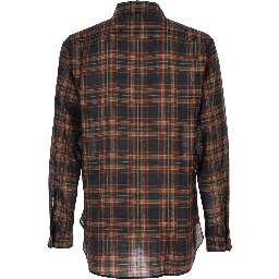 Brown Shirt with Pointed Collar and All-Over Tartan Motif in Wool Man