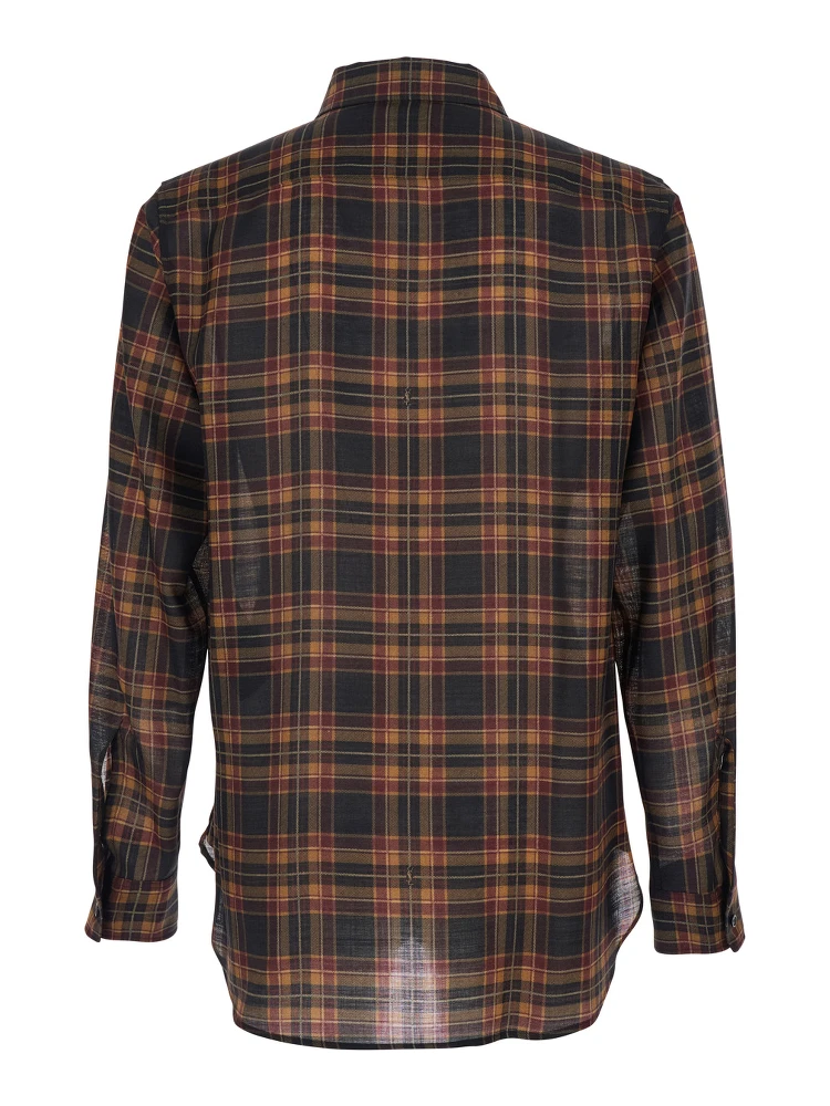 Brown Shirt with Pointed Collar and All-Over Tartan Motif in Wool Man alternative