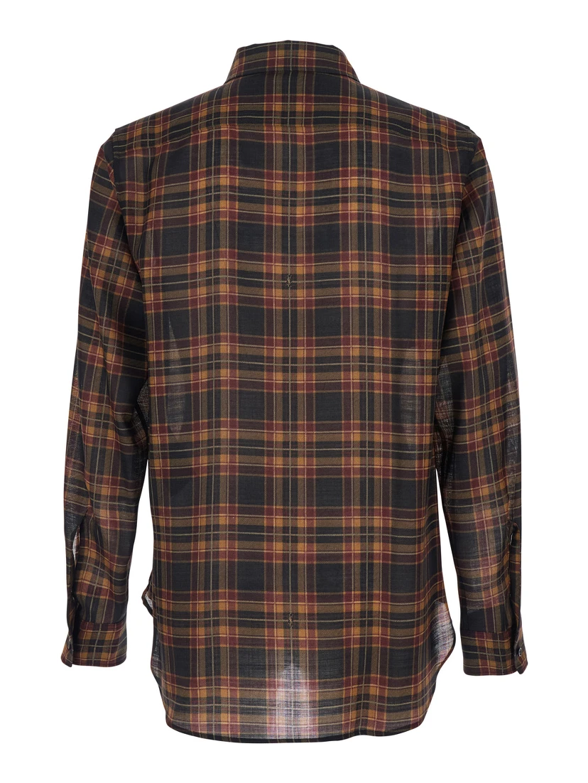Brown Shirt with Pointed Collar and All-Over Tartan Motif in Wool Man