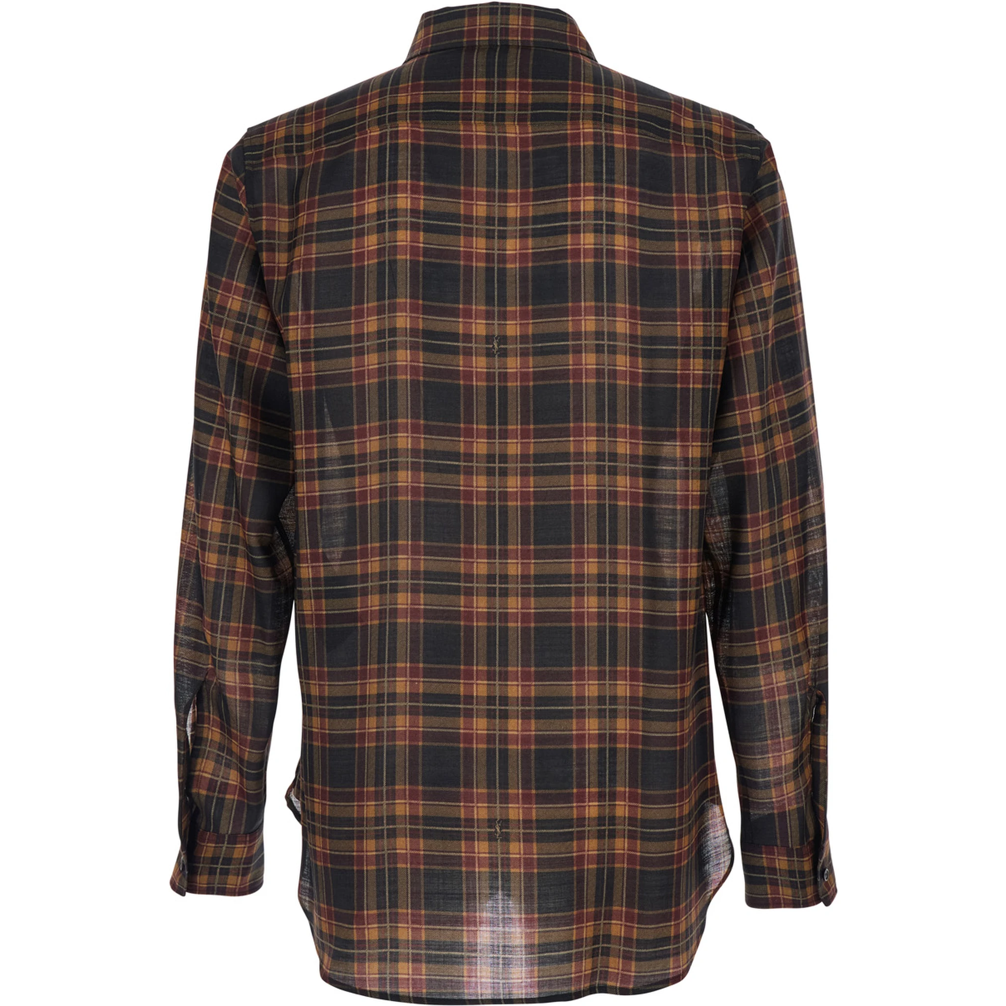 Brown Shirt with Pointed Collar and All-Over Tartan Motif in Wool Man