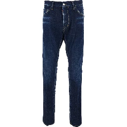 Cool Guy Blue Jeans with Logo Patch on the Rear and Ripped Details in Denim Man