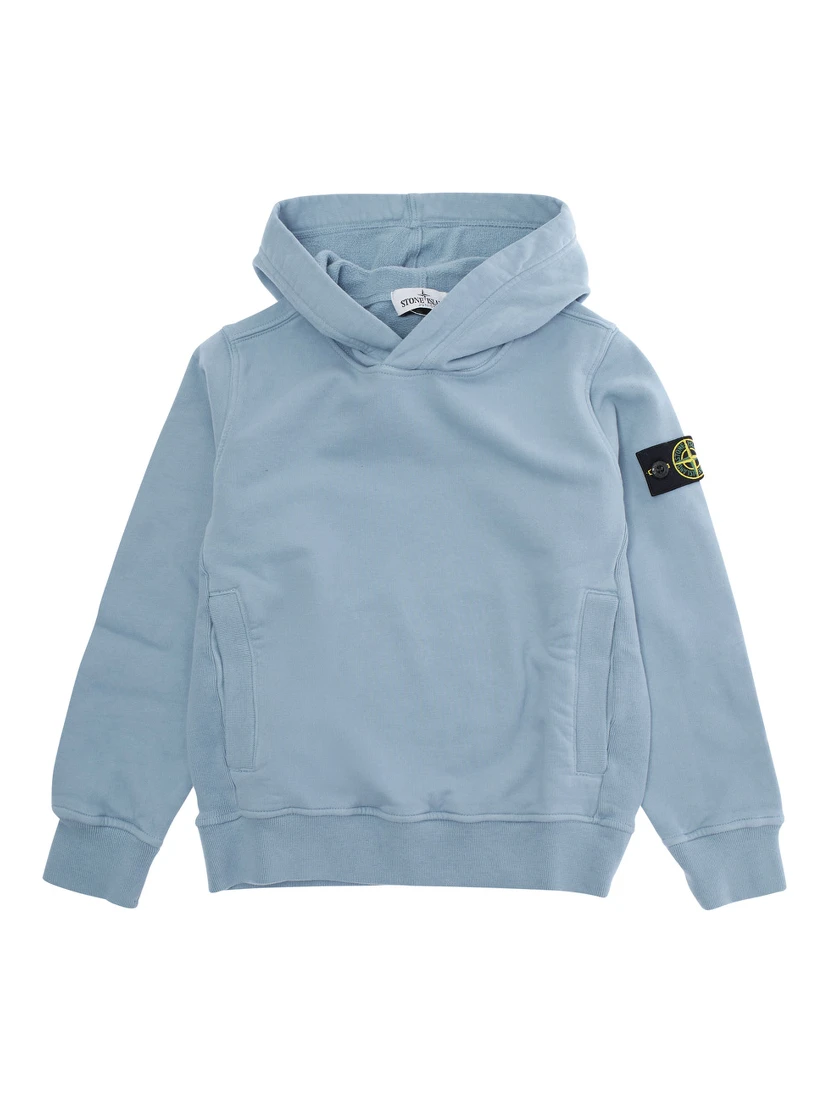Light Blue Sweatshirt with Fixed Hood and Logo Patch on the Sleeve in Cotton Boy