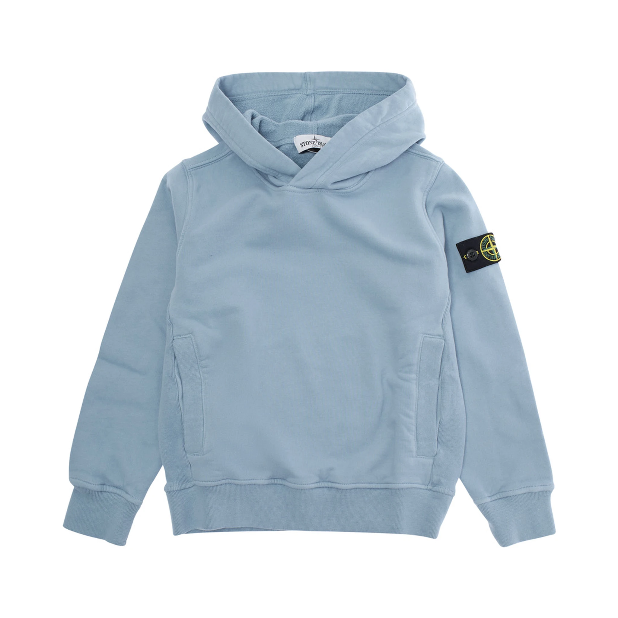 Light Blue Sweatshirt with Fixed Hood and Logo Patch on the Sleeve in Cotton Boy