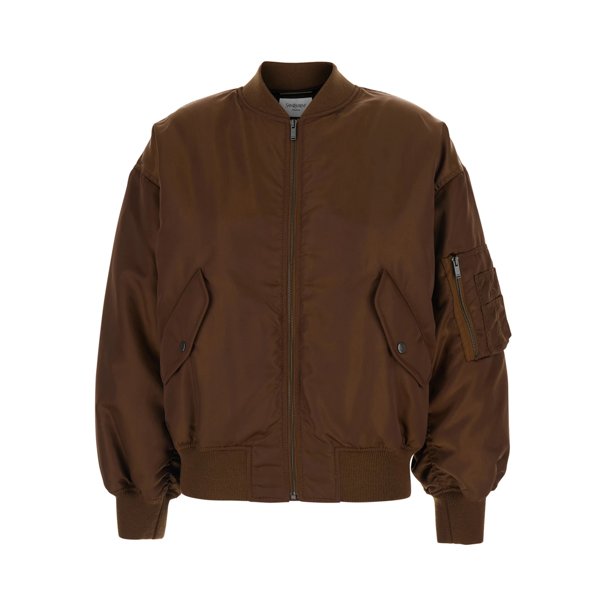 Brown Bomber Jacket with Dropped Shoulder anf Pocket on the Sleeve in Tech Fabric Woman