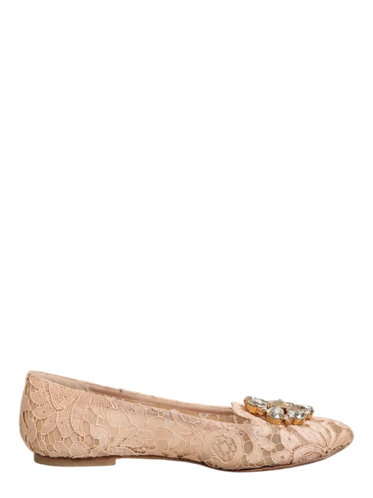 Beige Taormina Lace Crystals Flats Shoes