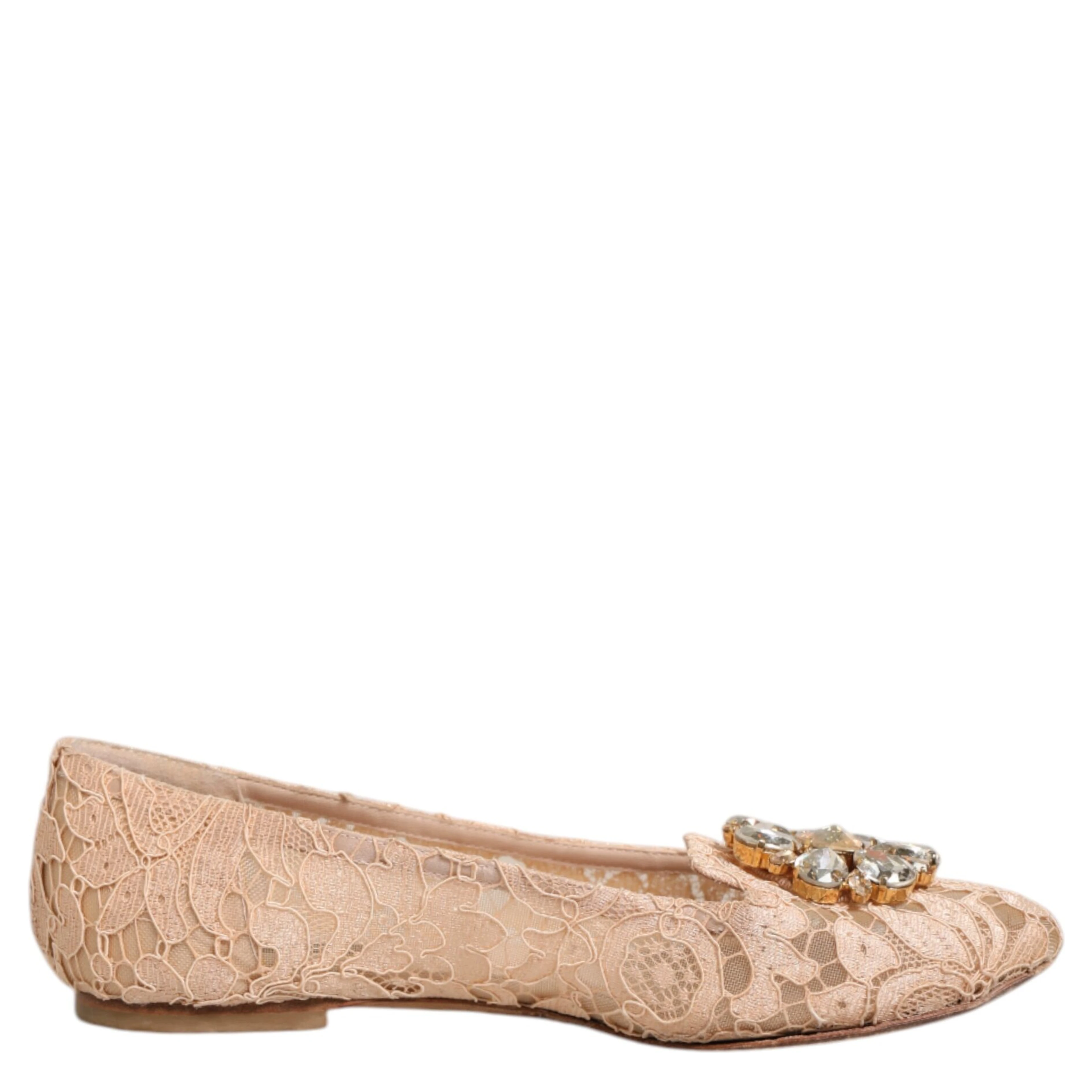 Beige Taormina Lace Crystals Flats Shoes