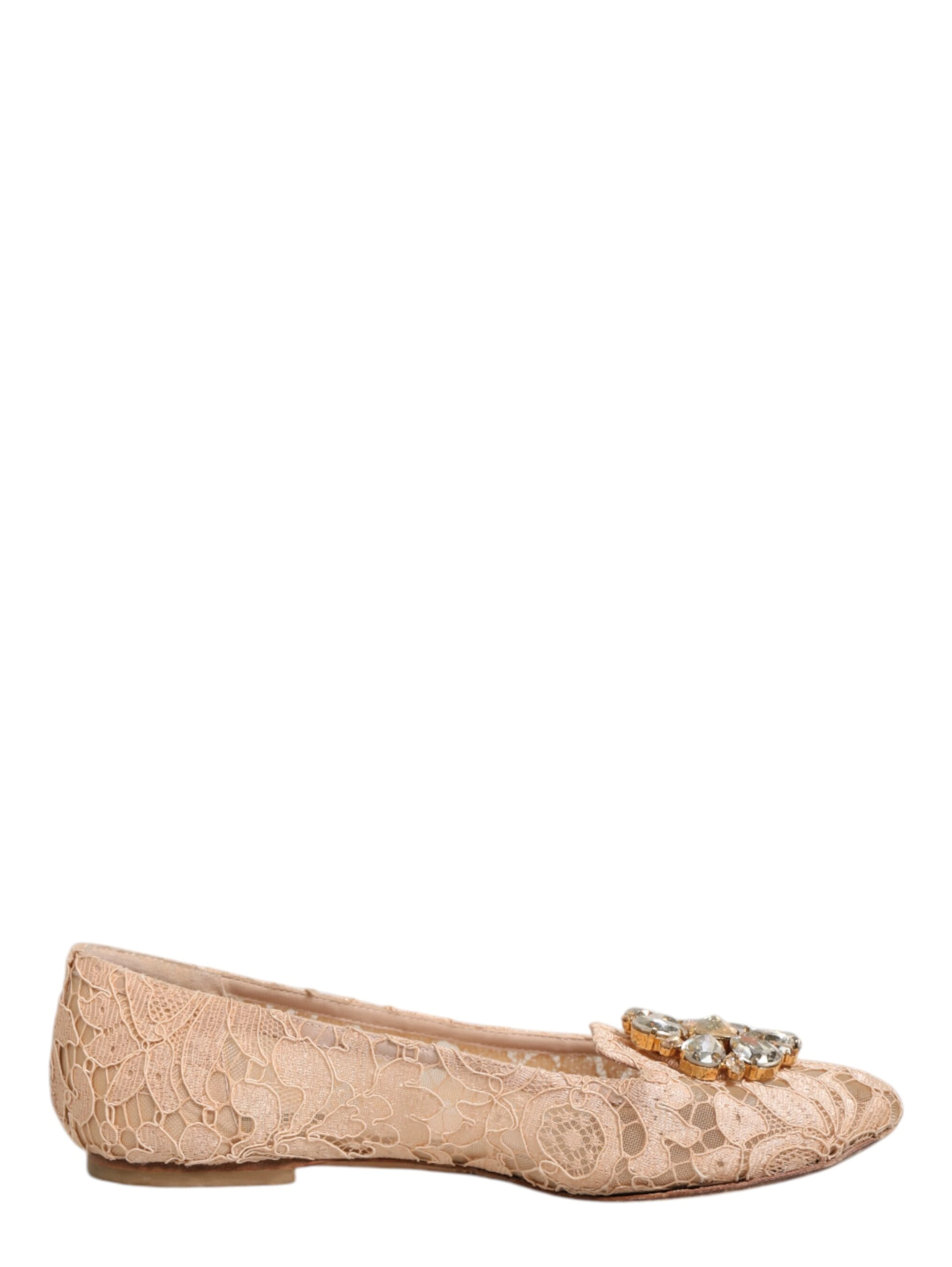 Beige Taormina Lace Crystals Flats Shoes