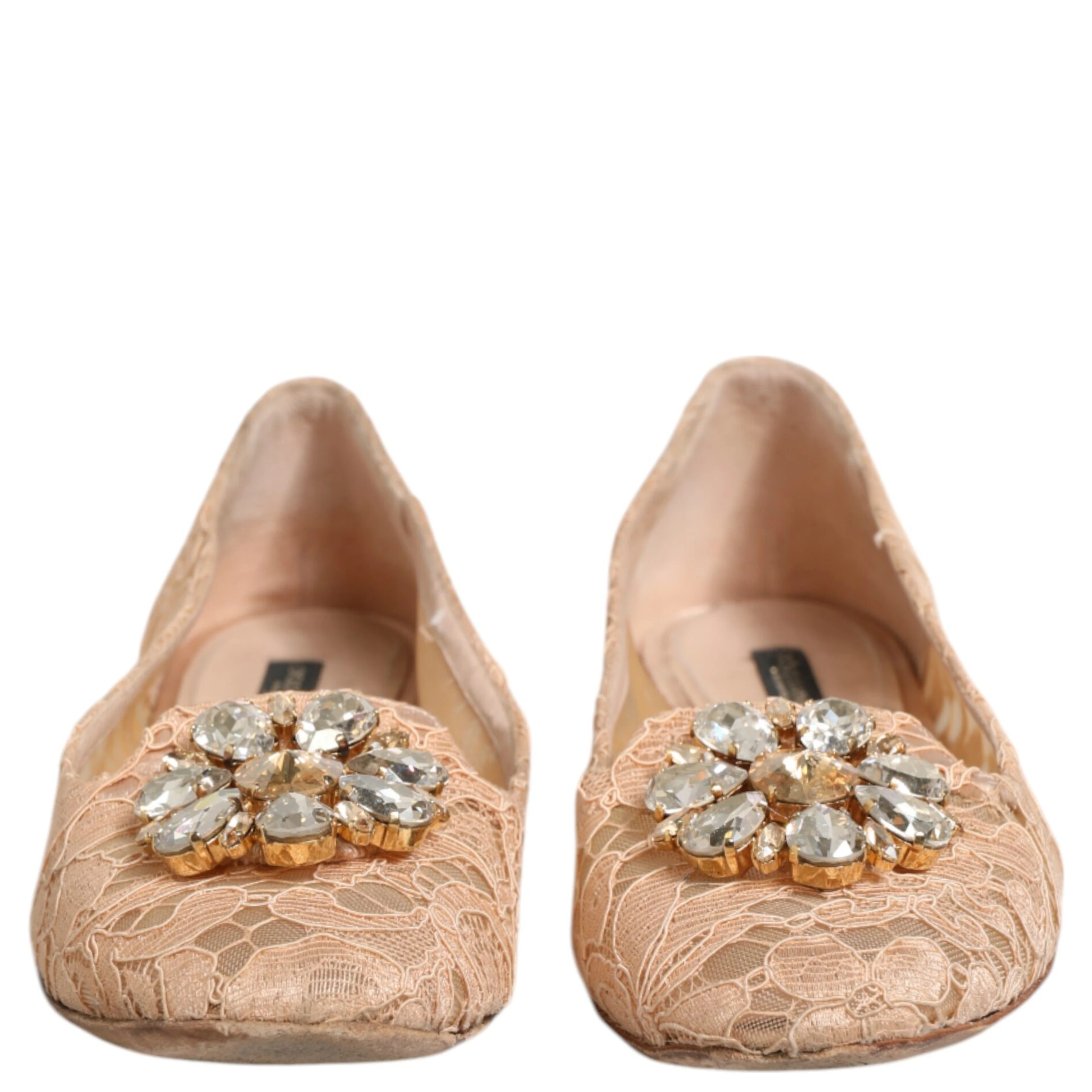 Beige Taormina Lace Crystals Flats Shoes