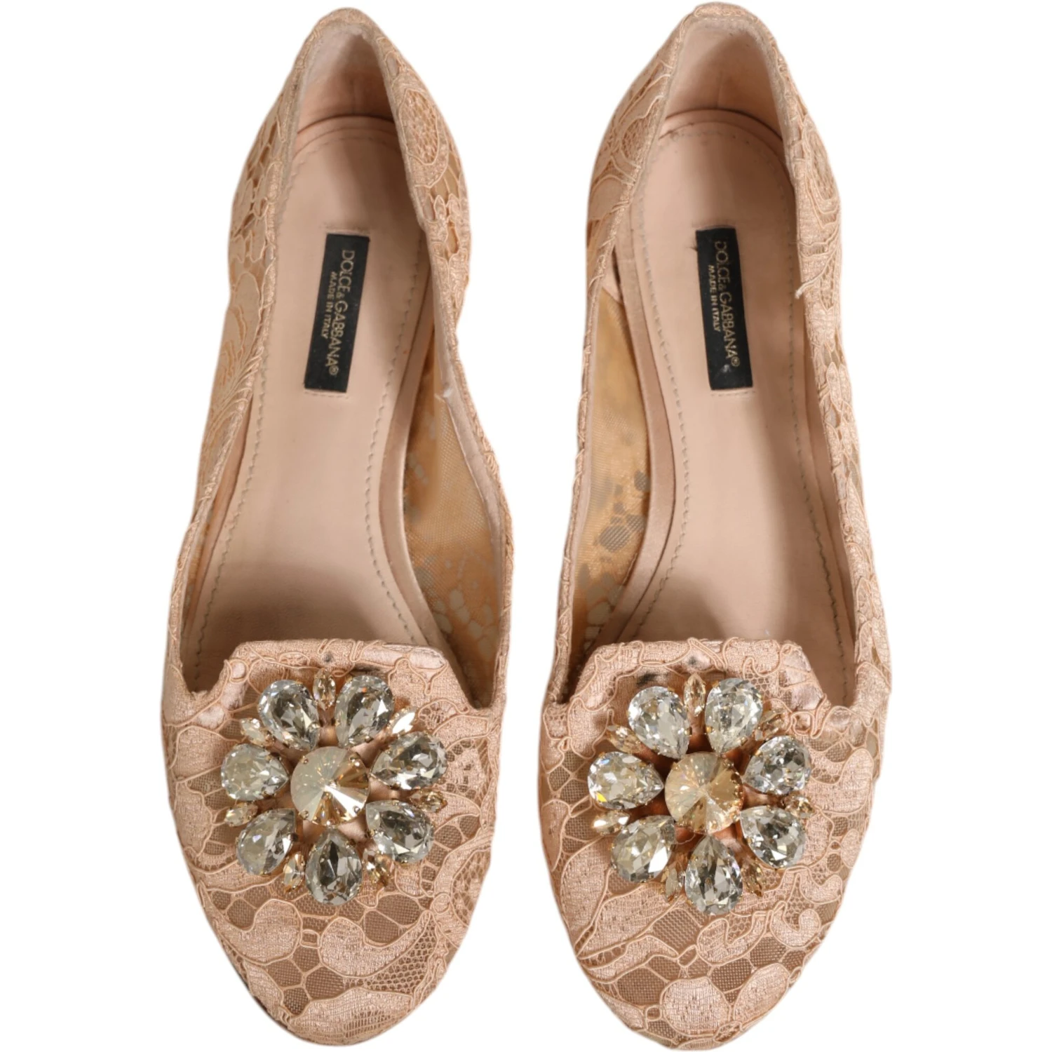 Beige Taormina Lace Crystals Flats Shoes