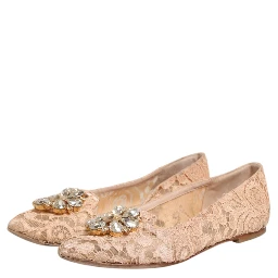 Beige Taormina Lace Crystals Flats Shoes