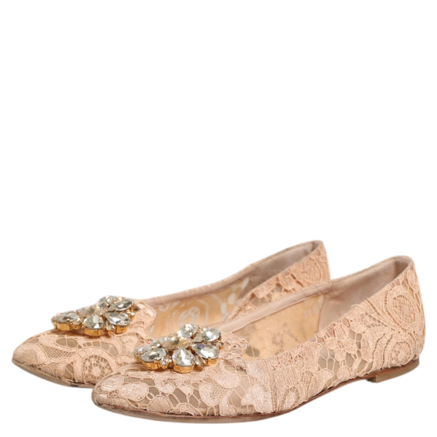 Beige Taormina Lace Crystals Flats Shoes