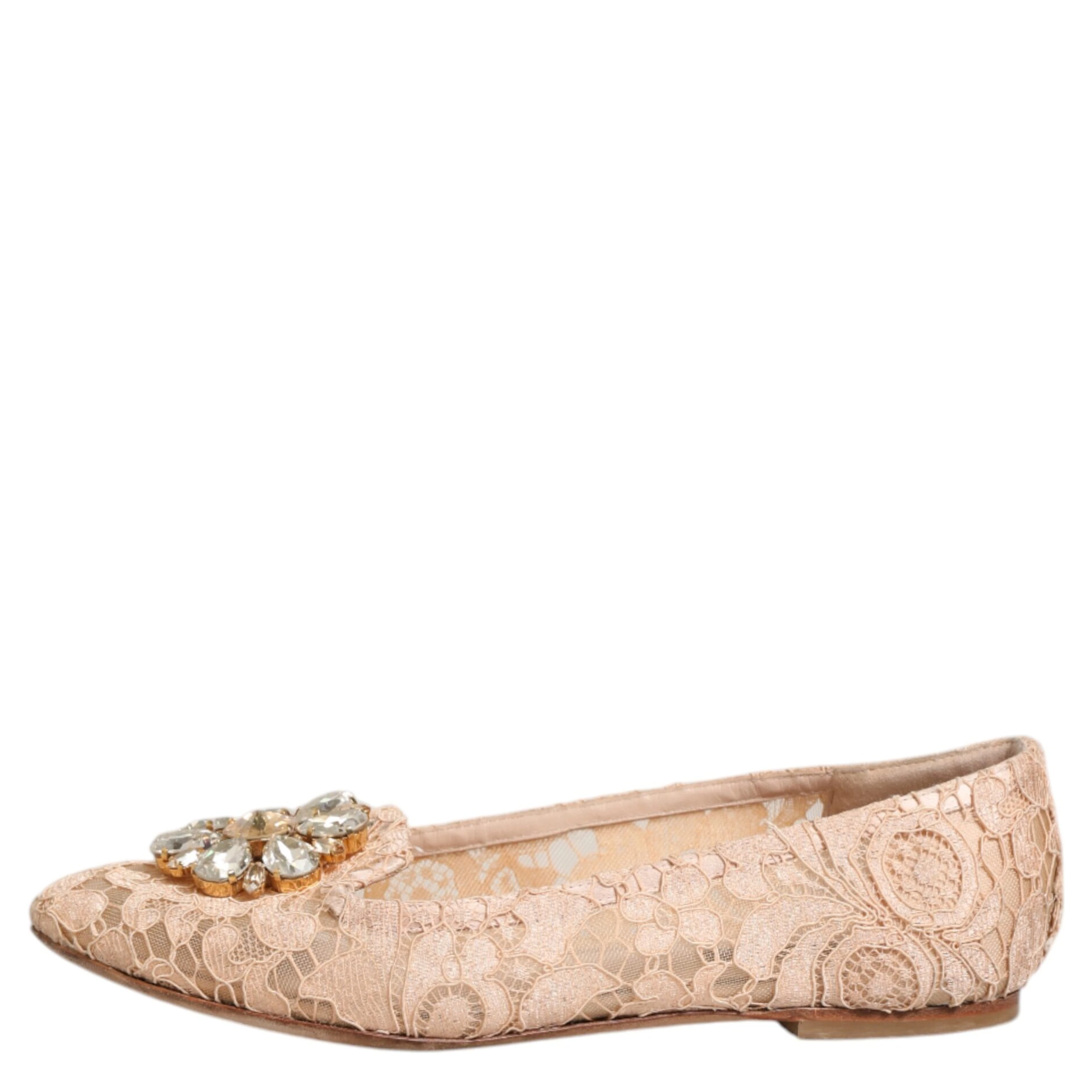 Beige Taormina Lace Crystals Flats Shoes