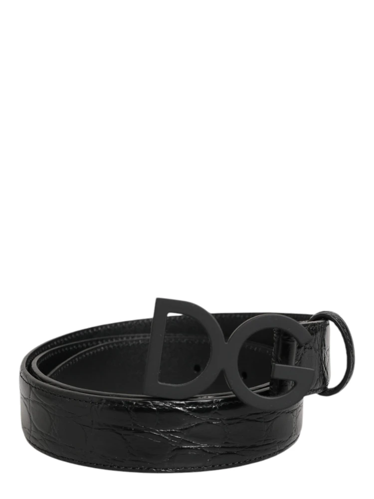 Black Exotic Leather Metal Logo Buckle Belt