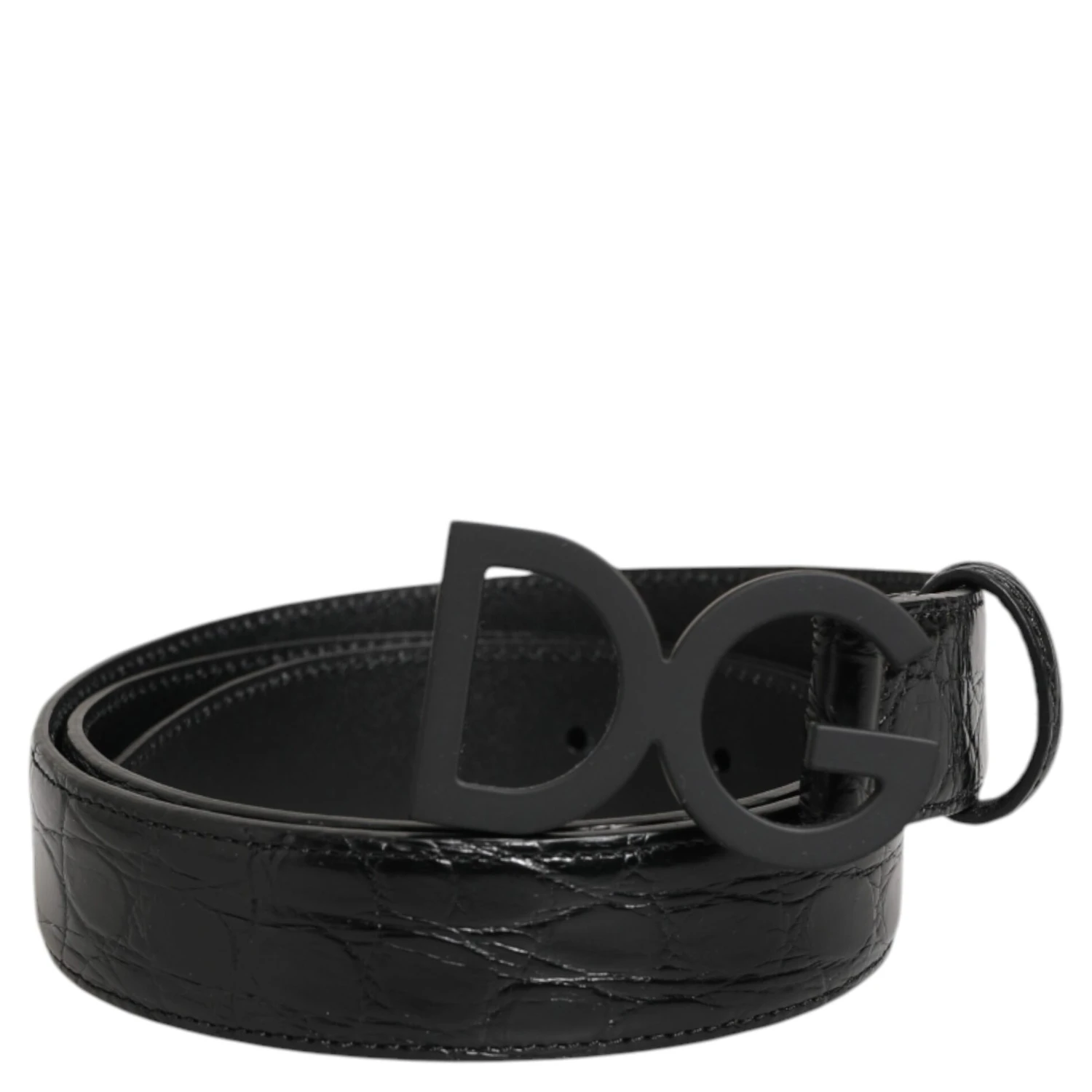 Black Exotic Leather Metal Logo Buckle Belt