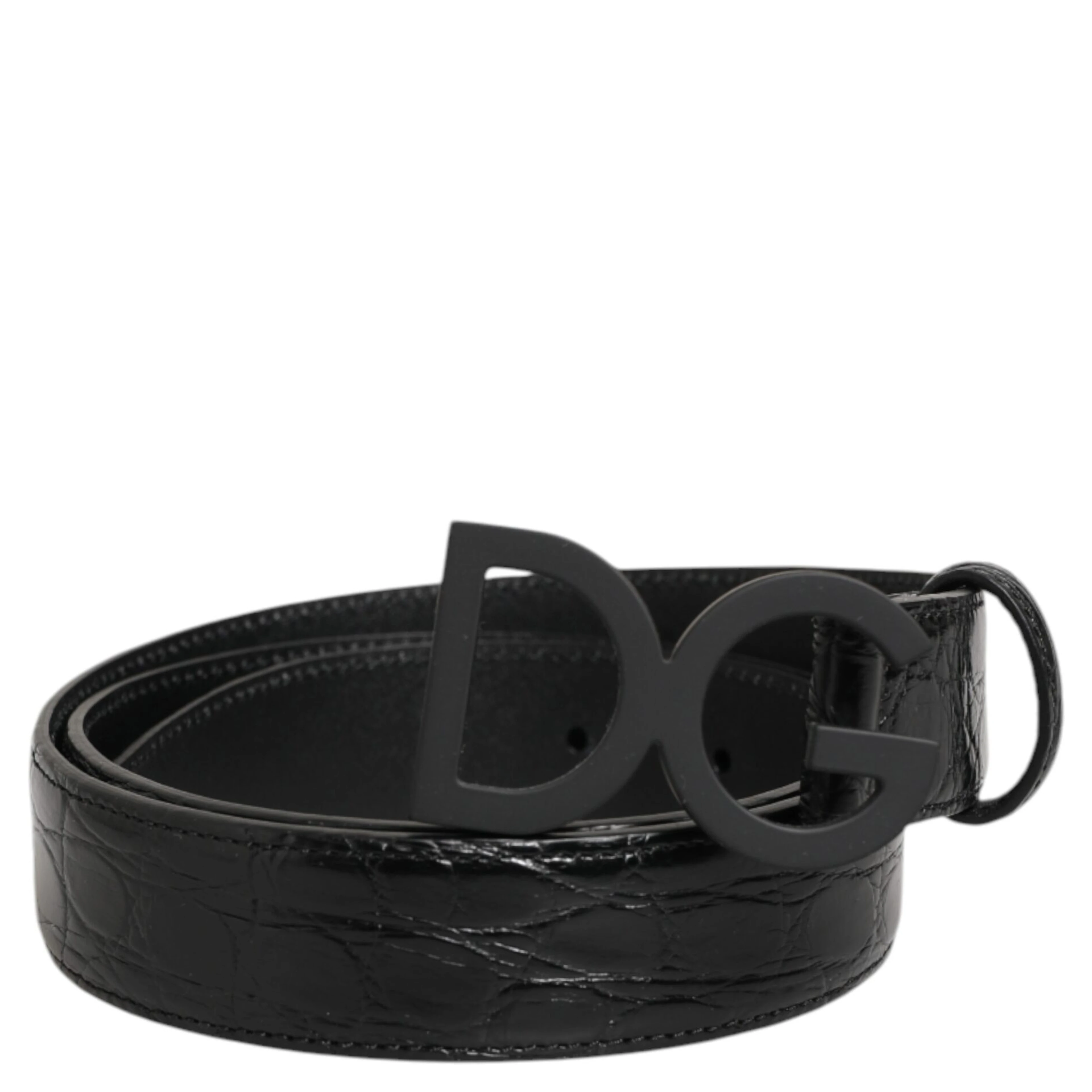 Black Exotic Leather Metal Logo Buckle Belt