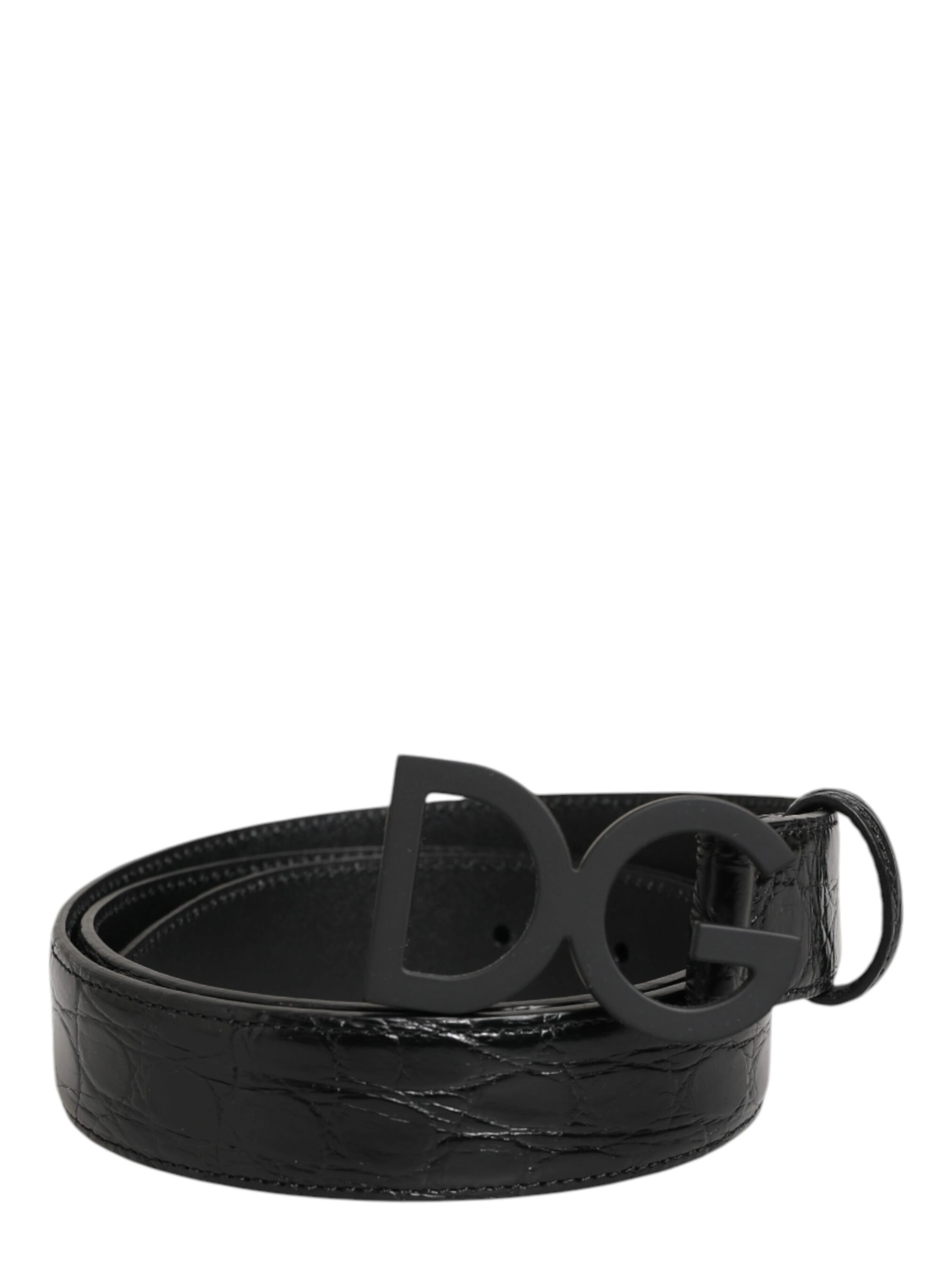Black Exotic Leather Metal Logo Buckle Belt