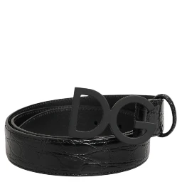 Black Exotic Leather Metal Logo Buckle Belt