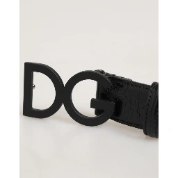 Black Exotic Leather Metal Logo Buckle Belt