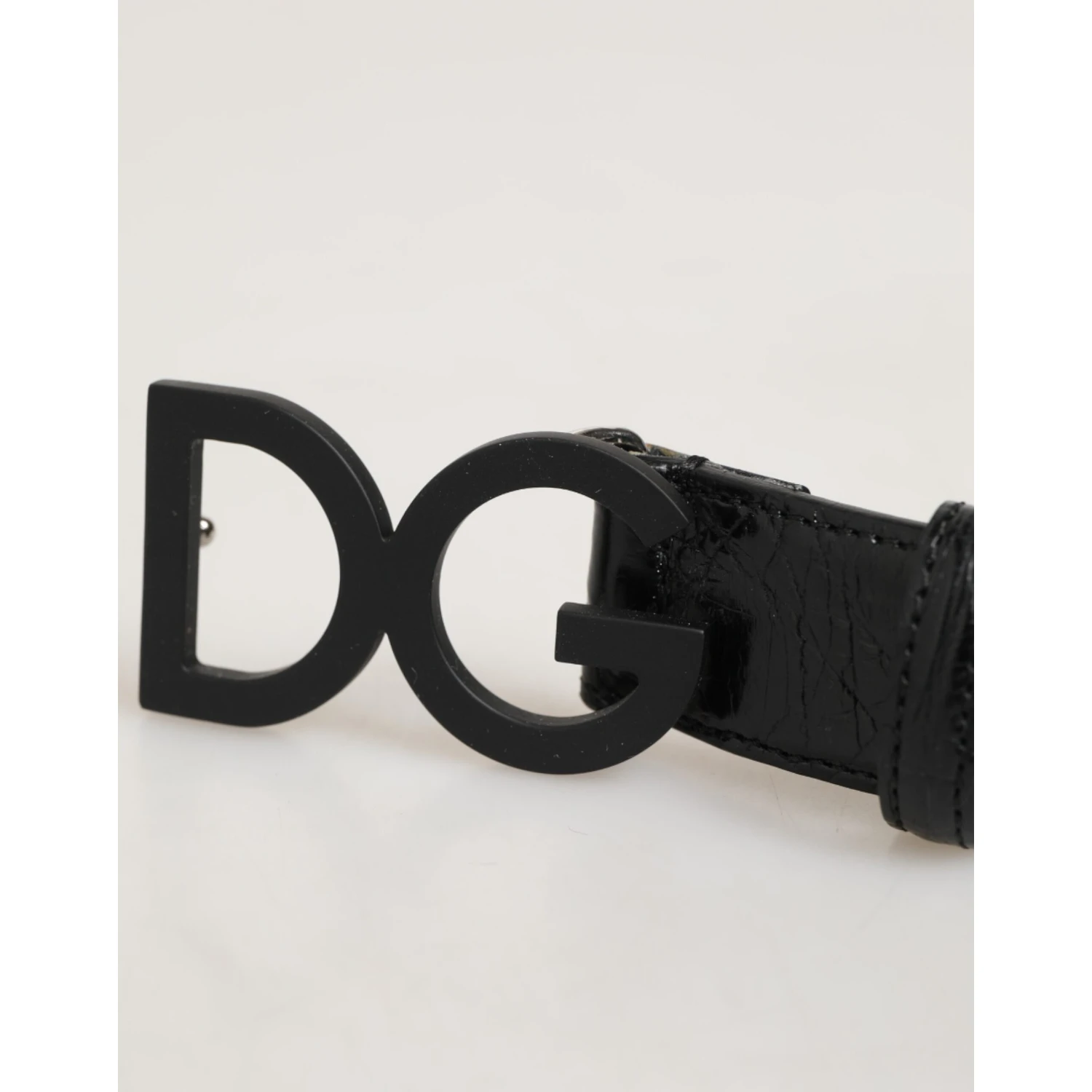 Black Exotic Leather Metal Logo Buckle Belt