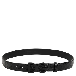 Black Exotic Leather Metal Logo Buckle Belt