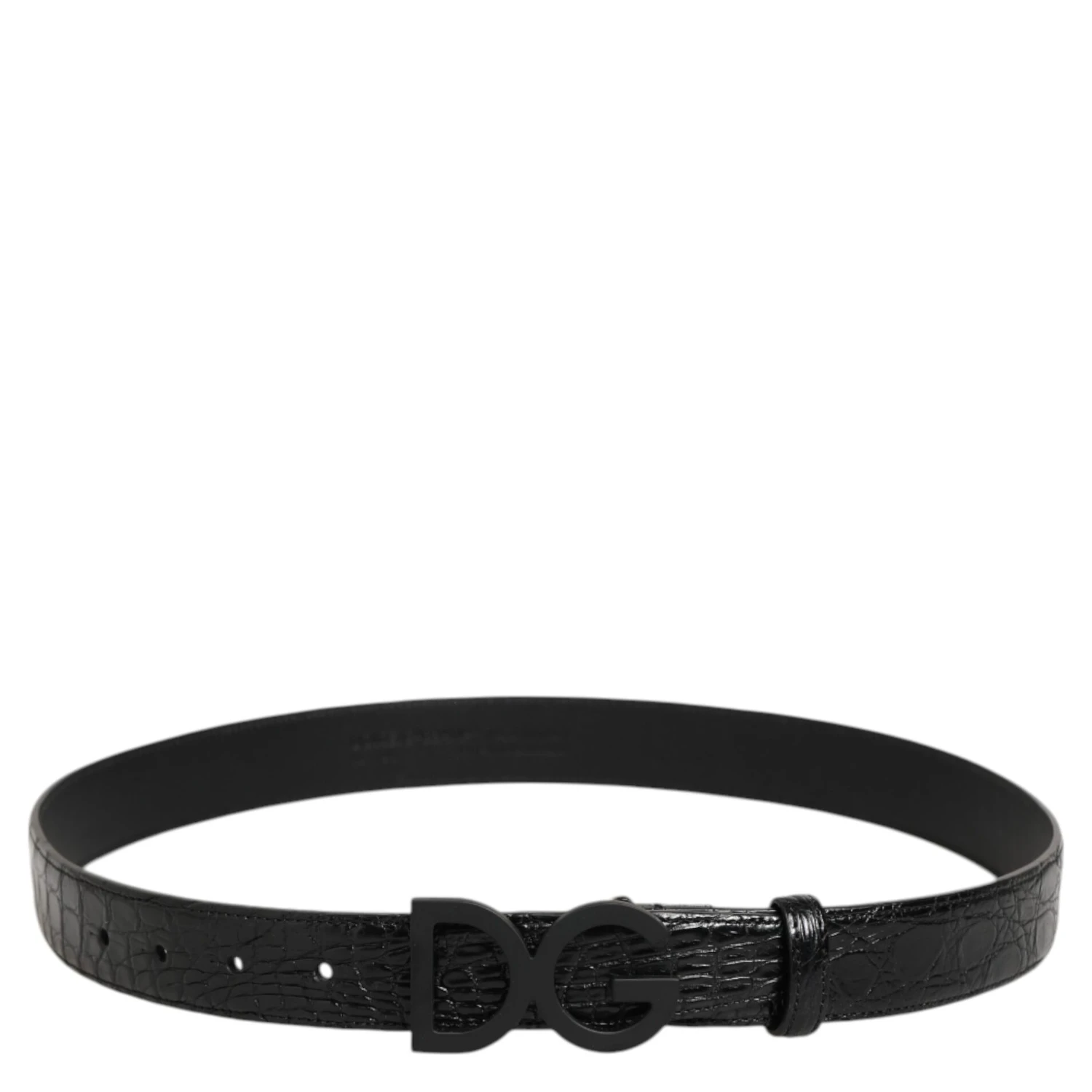 Black Exotic Leather Metal Logo Buckle Belt