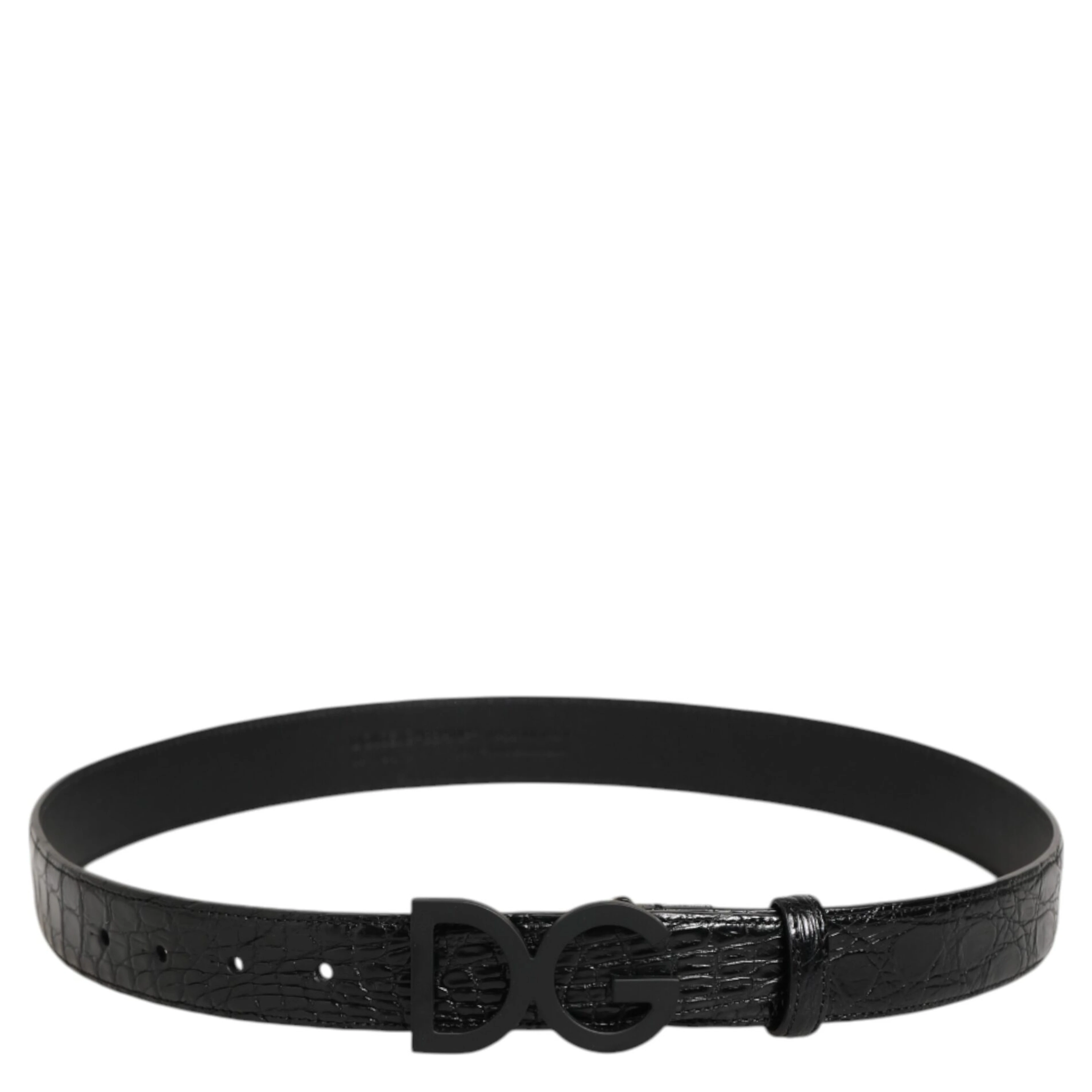Black Exotic Leather Metal Logo Buckle Belt