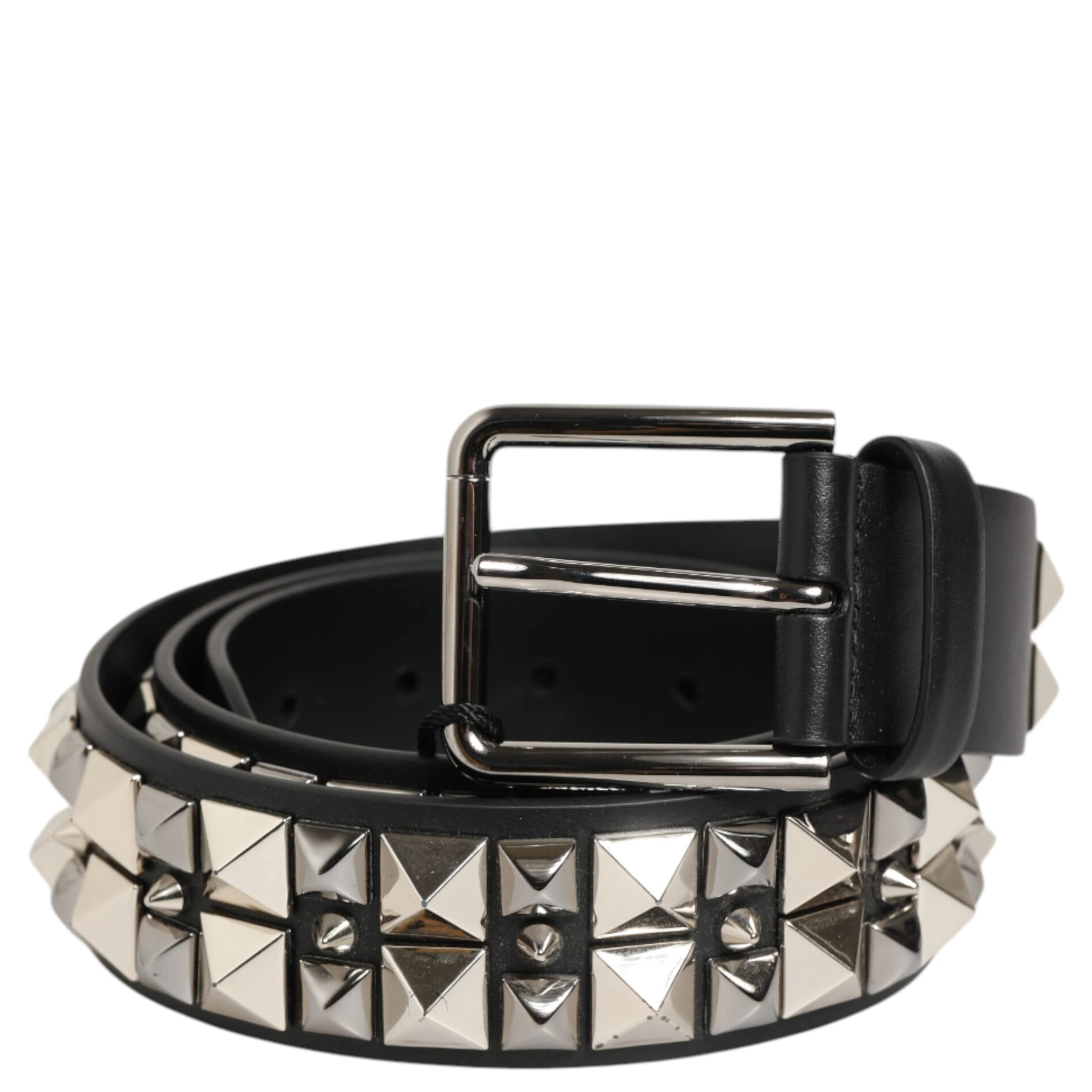 Black Calf Leather Studded Silver Buckle Belt