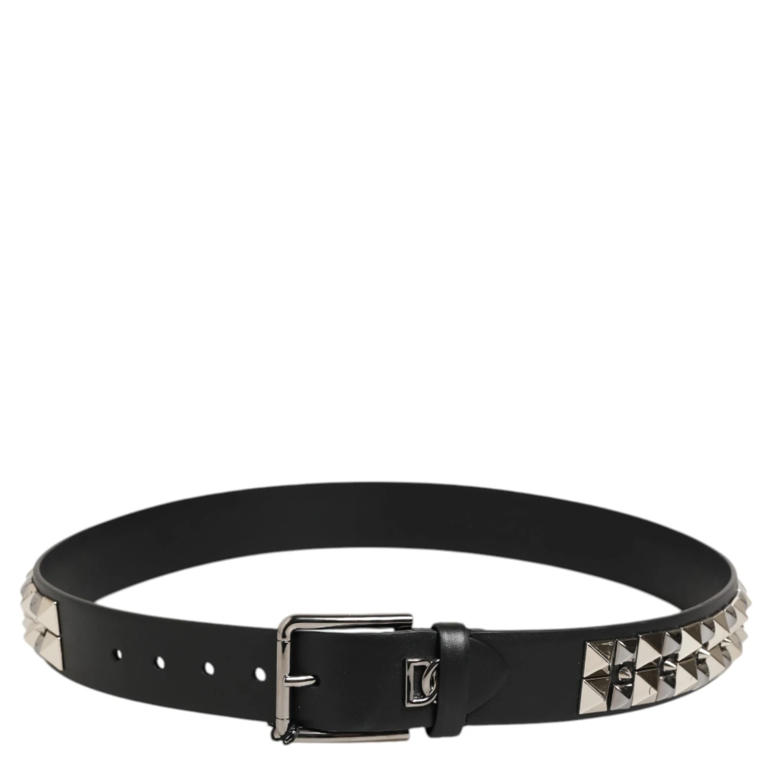 Black Calf Leather Studded Silver Buckle Belt