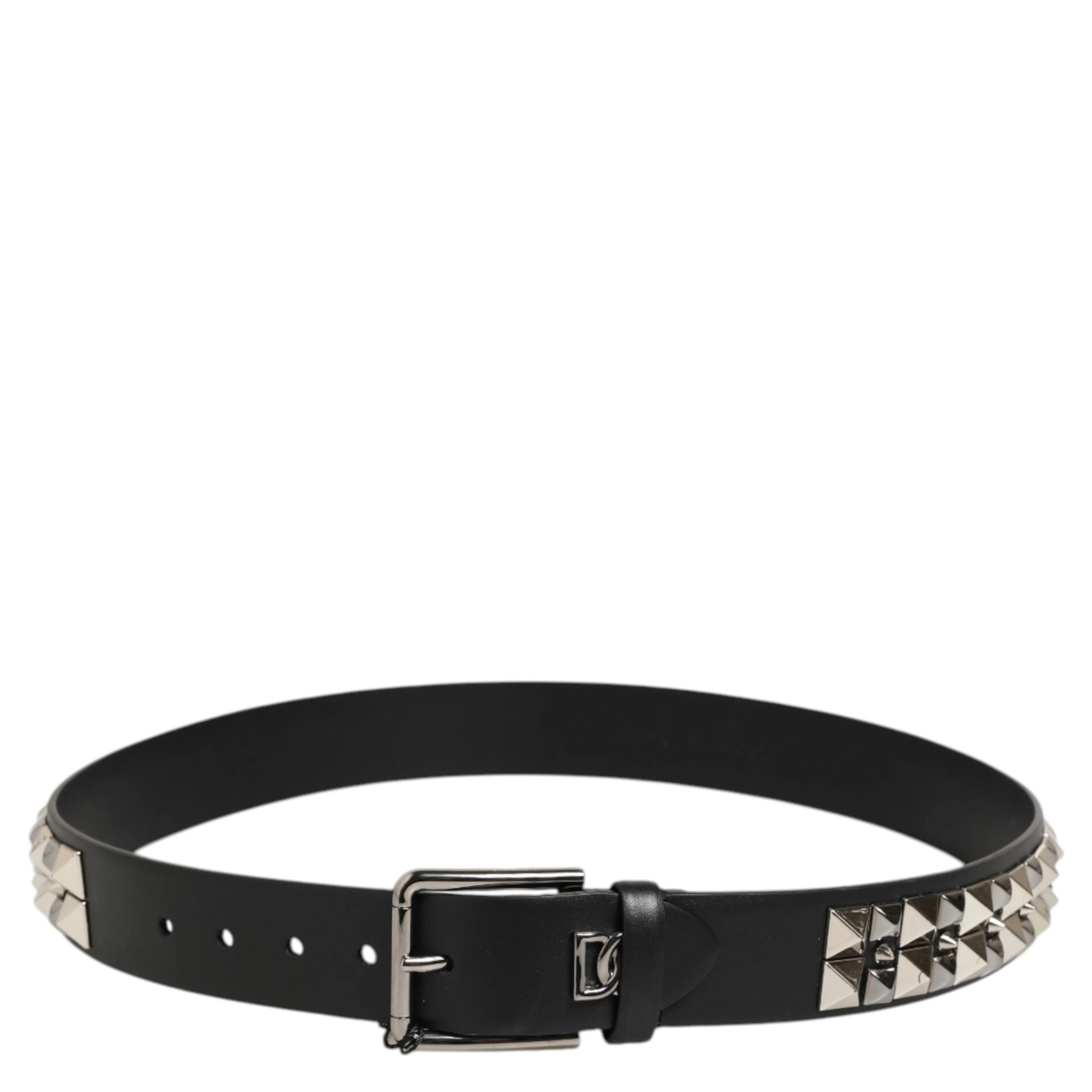 Black Calf Leather Studded Silver Buckle Belt