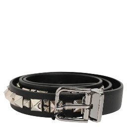 Black Leather Studded Silver-Tone Buckle Belt