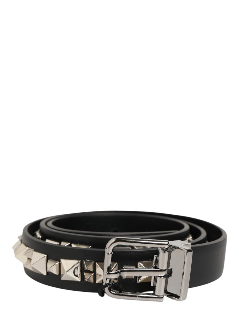 Black Leather Studded Silver-Tone Buckle Belt