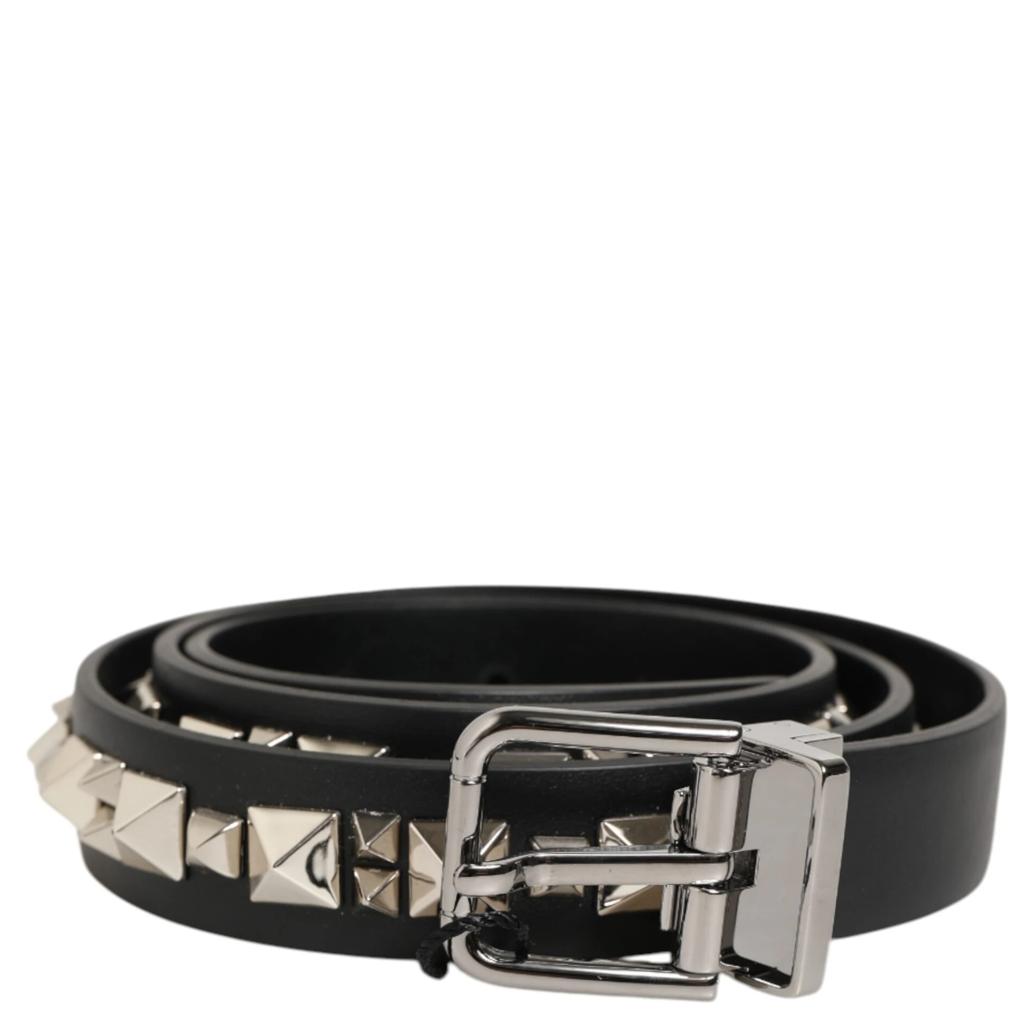 Black Leather Studded Silver-Tone Buckle Belt