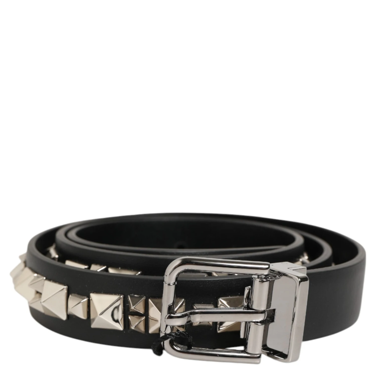 Black Leather Studded Silver-Tone Buckle Belt