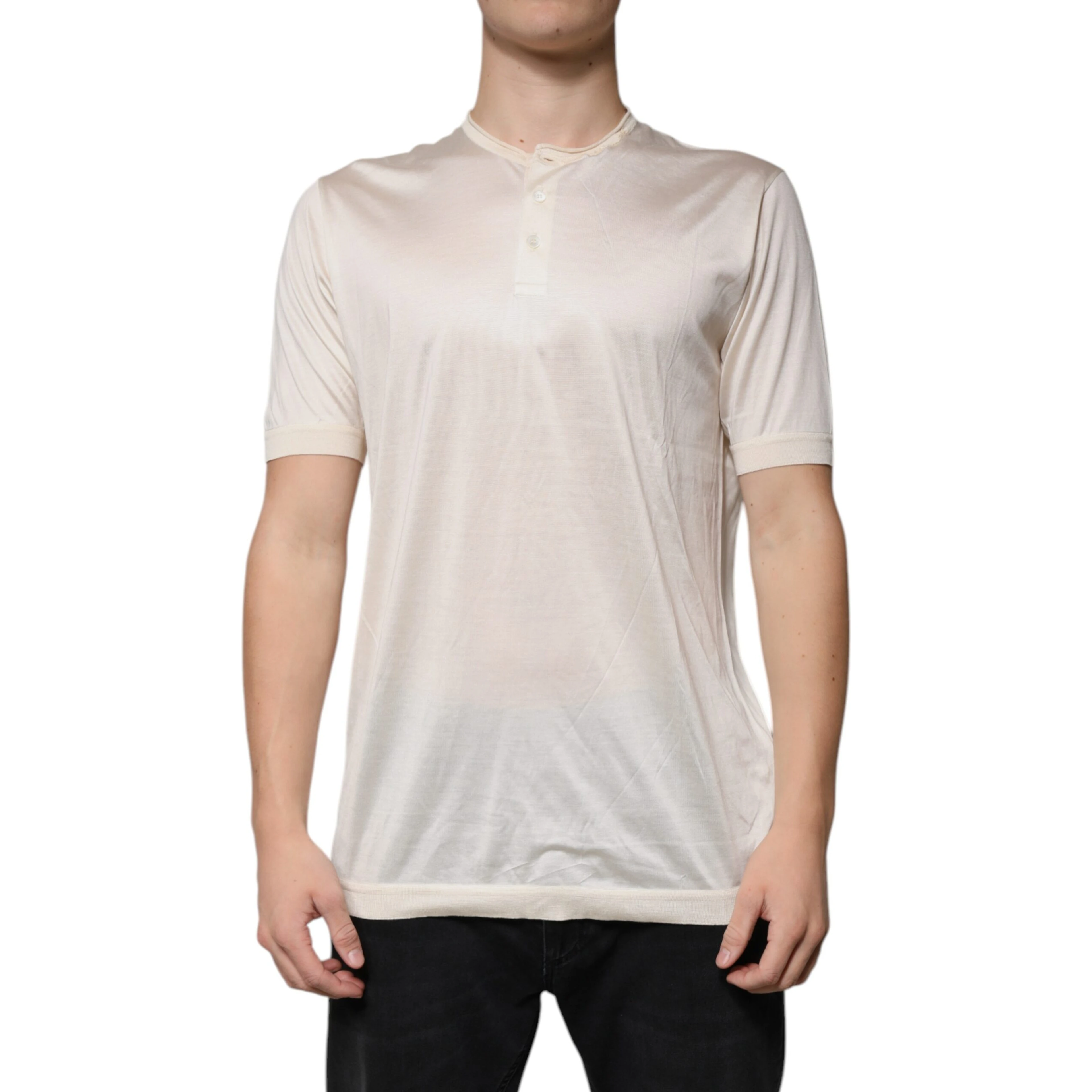 Off White Silk Henley Short Sleeves T-Shirt