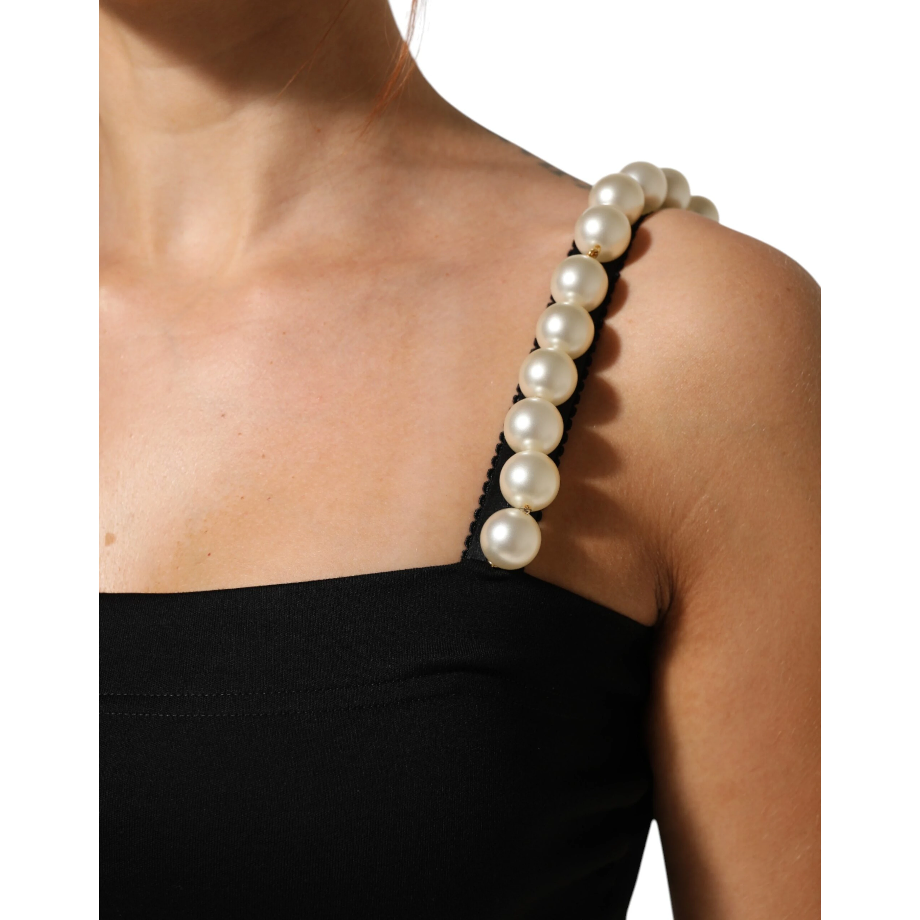 Black Faux Pearl Cotton Sheath Mini Dress