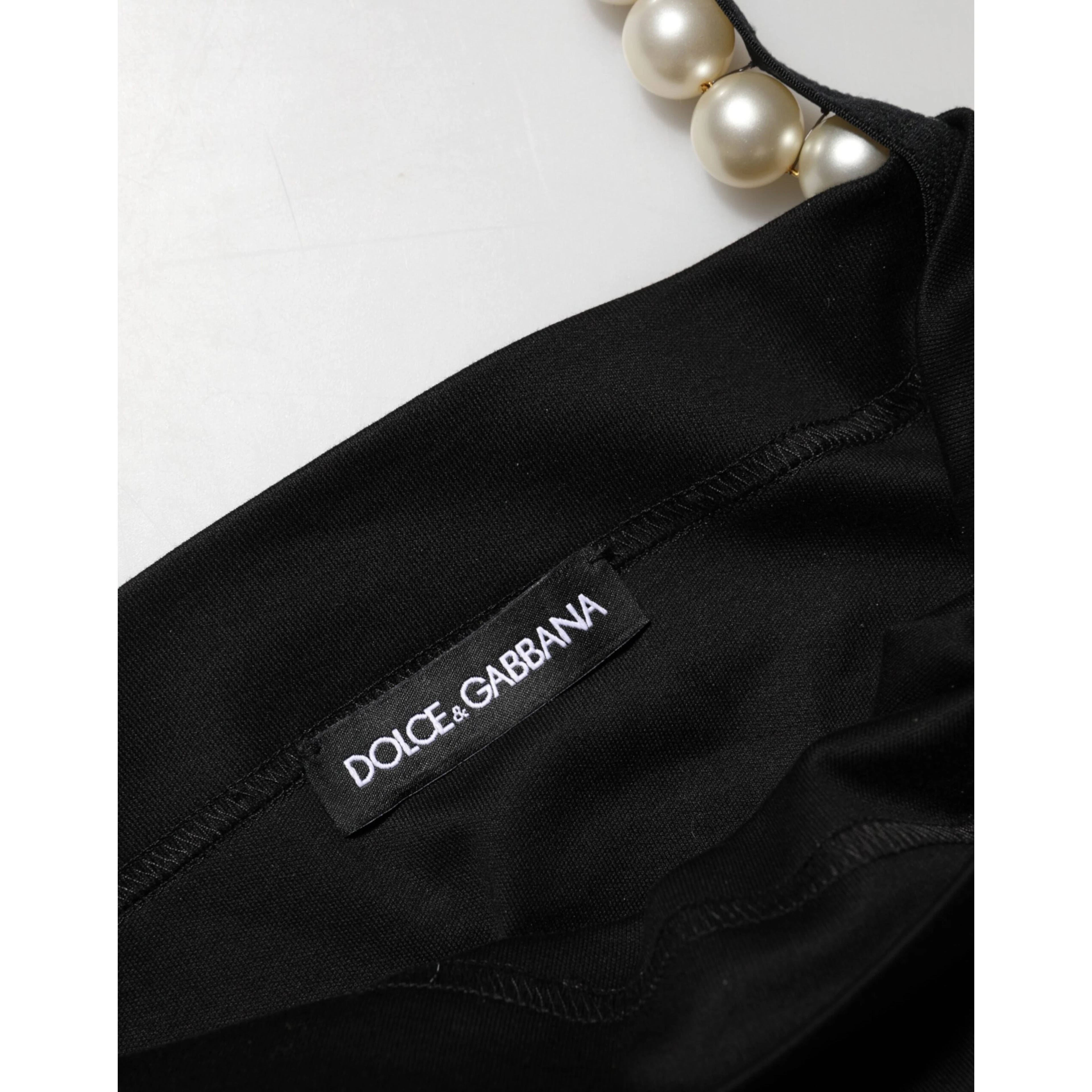 Black Faux Pearl Cotton Sheath Mini Dress